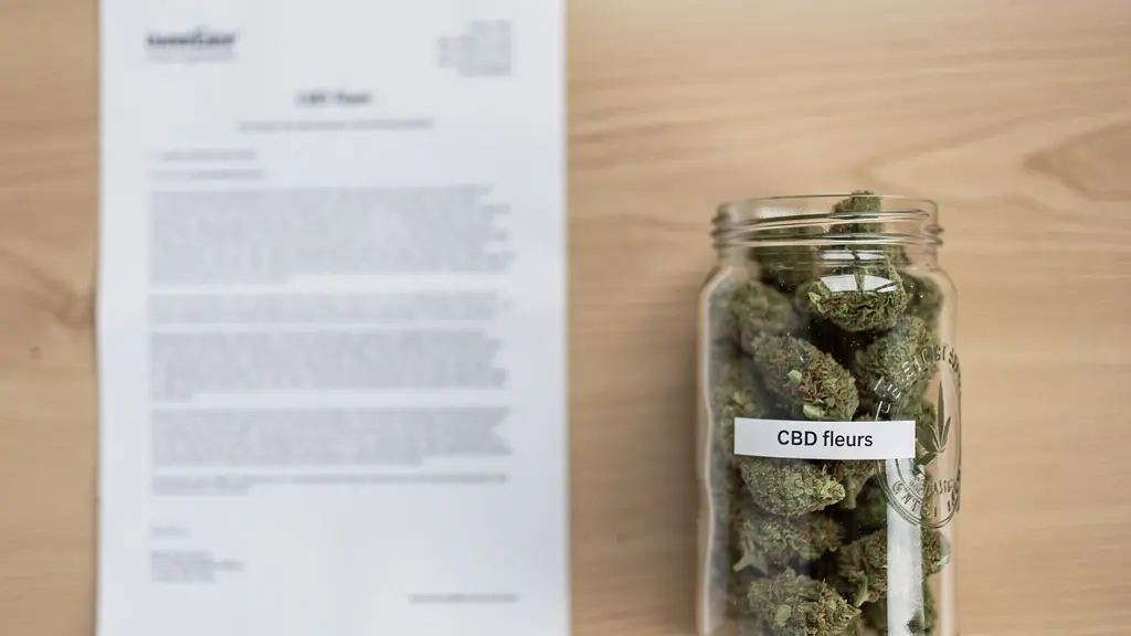 Document certificat d'analyse posé sur table à côté de fleurs CBD en bocal transparent
