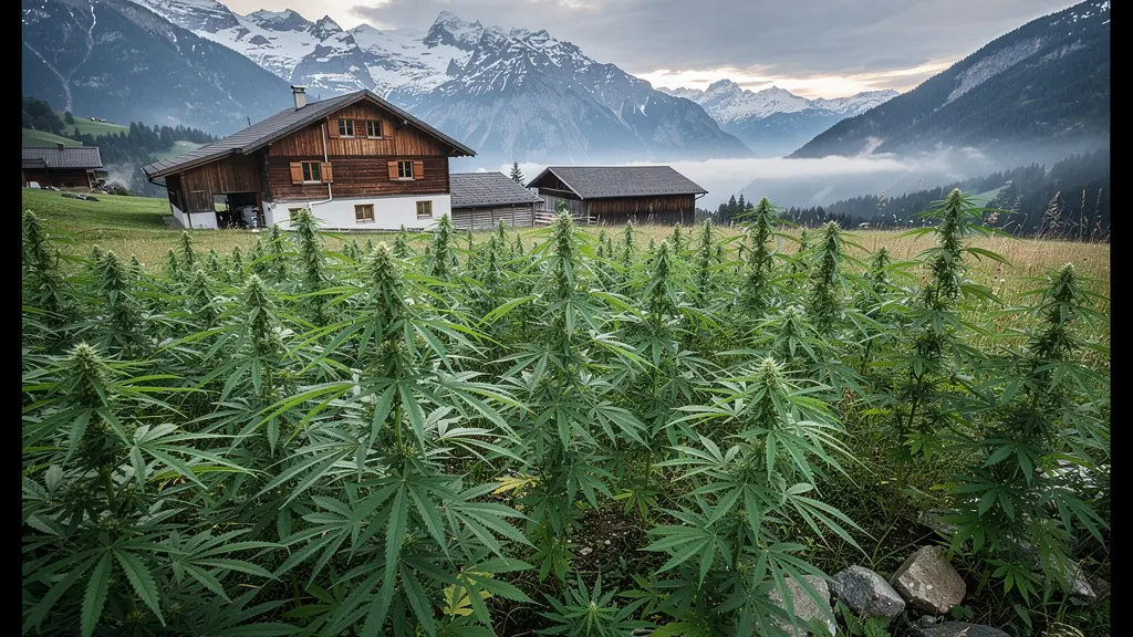 Champ de chanvre suisse avec montagnes alpines en arrière-plan au lever du jour