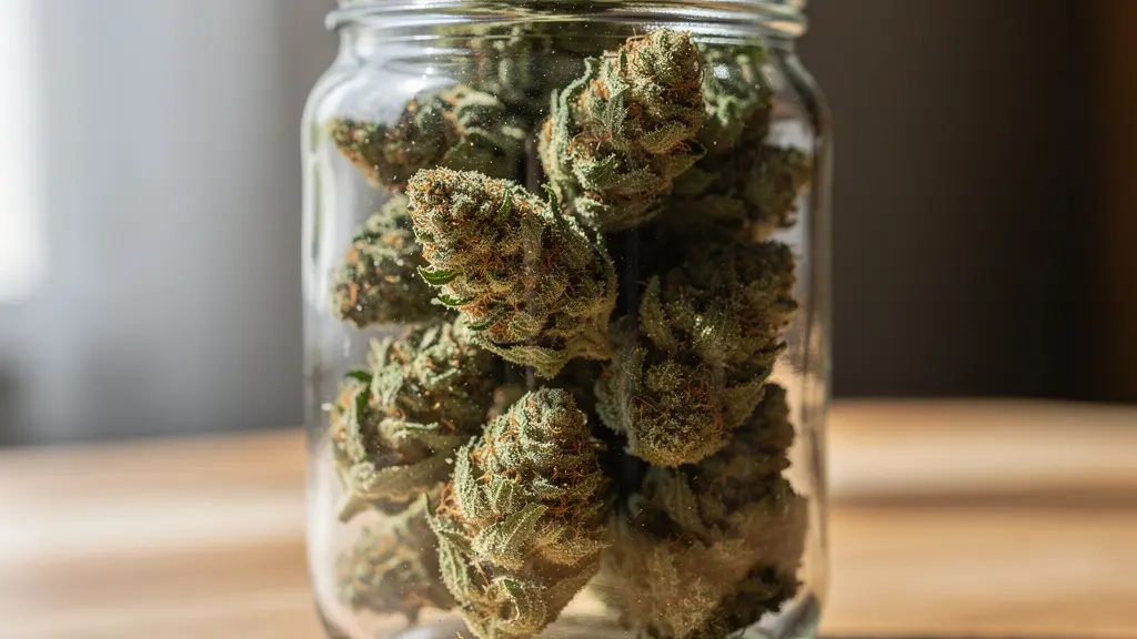 Fleurs de CBD séchées présentées dans un bocal en verre sur surface en bois naturel